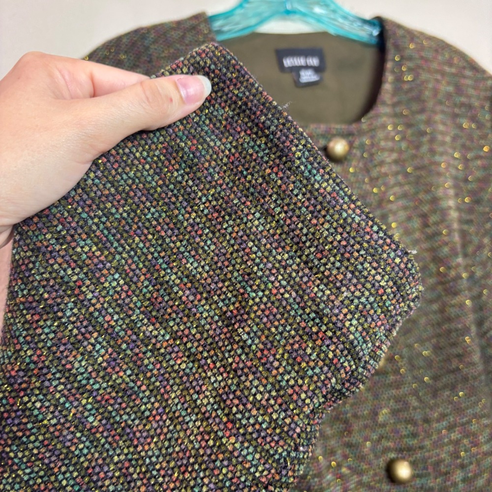 Leslie Fay Blazer Women 16WP Green Metallic Tweed Button Front Jacket Academia - Picture 10 of 13